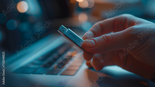 A person holding a USB drive, with details of the drive's small size, the person's hand, and the data transfer in progress. photo