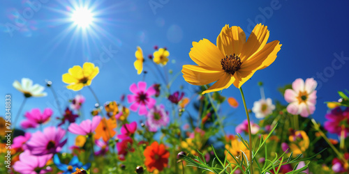 A vibrant field of colorful cosmos flowers bathed in sunlight, with the bright blue sky as a backdrop © alex