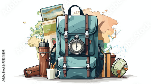 A backpack filled with travel essentials like a map