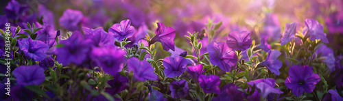 A lush garden of vibrant purple petunias basks in the warm glow of sunlight