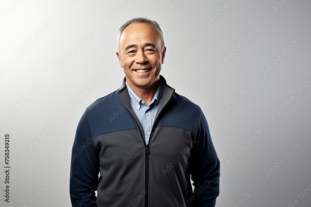 portrait of happy senior man in sportswear against grey background portrait of happy senior man in sportswear against grey background
