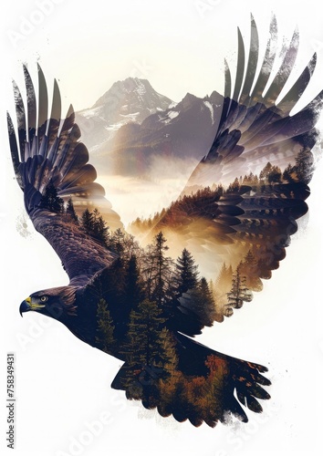 An eagle in flight silhouette with a double exposure of a rugged mountain landscape within its wings on a white background photo