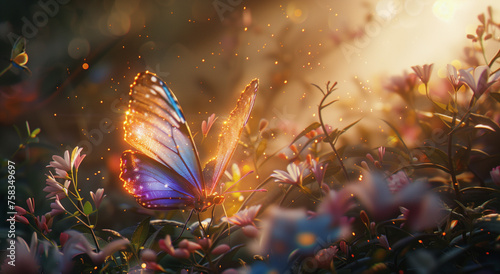 A vibrant butterfly perches among blooming flowers in a 3D-rendered garden