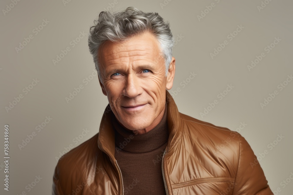 Portrait of a senior man with grey hair wearing a brown leather jacket. Portrait of a senior man with grey hair wearing a brown leather jacket.