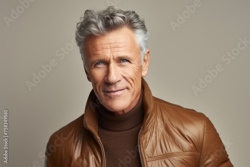Portrait of a senior man with grey hair wearing a brown leather jacket.
