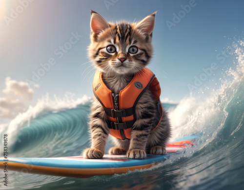 A small kitten wearing a life jacket is riding a surfboard on top of a wave in the ocean.