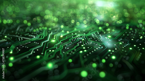 Close-up view of an electronic circuit board with glowing green data pathways and technology abstract.
