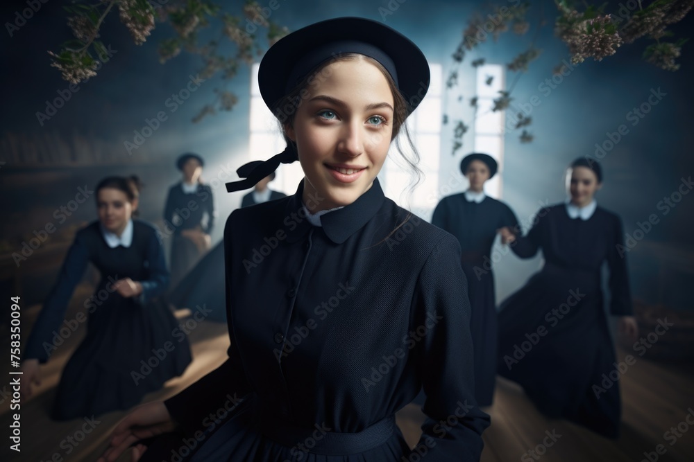 Obraz premium Portrayal of Amish people, traditional lifestyle, close bonds of community, rural simplicity, values of cultural richness, traditions of close-knit family friendly living group. village Country life.