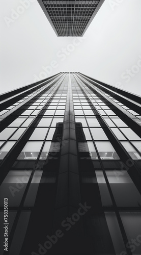 A towering building with reflective glass windows rises into a misty sky, captured from the ground up