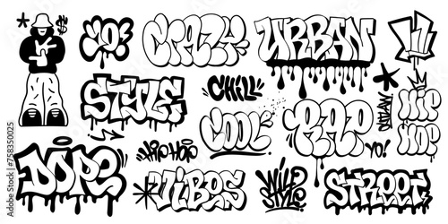 Graffiti style lettering  words sign and symbol vector set  , isolated graphic hip hop culture  elements