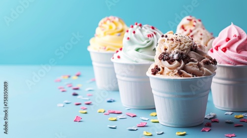 Assorted ice cream cups on blue background. Fresh and tasty ice cream cups, gelato. Room for copy space.