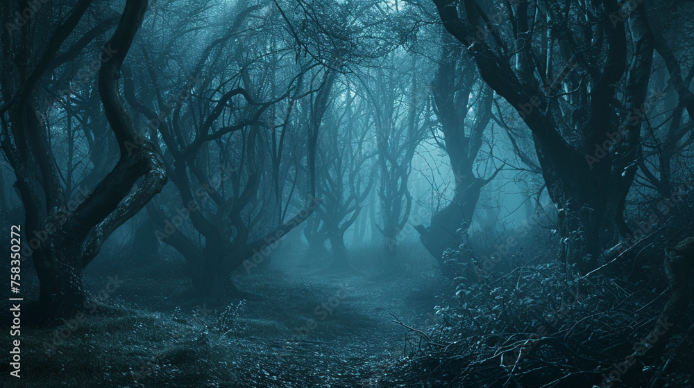 haunted forest creepy landscape at night. Fantasy Halloween forest background. Generative Ai