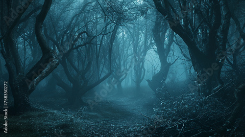 haunted forest creepy landscape at night. Fantasy Halloween forest background. Generative Ai © Witri