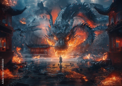 Knight Warrior stood facing the dragon and prepared to fight. Ninja fight against a fire dragon the destroyed castle background