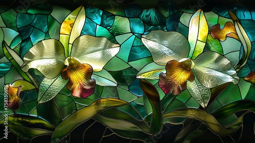 An exquisite illustration of multi-colored orchids in a stained glass style, showcasing a rich tapestry of florals.