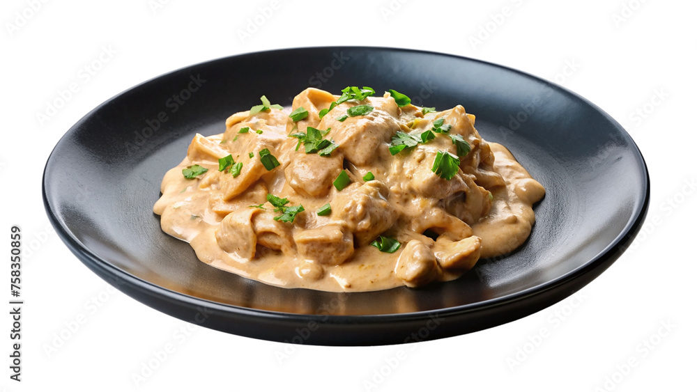 Chicken stroganoff with mushroom sauce on black plate isolated on transparent background Chicken stroganoff with mushroom sauce on black plate isolated on transparent background