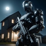 Armed humanoid android security robot standing on guard. Military soldier robot with gun patrolling neighborhood at night time. Protecting residents from burglars and troublemakers. Generative AI