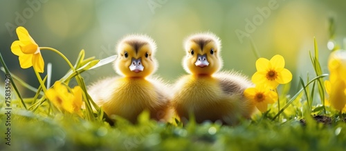 Two ducklings are happily sitting in the grass amongst yellow flowers, enjoying the natural landscape. These water birds are a delightful addition to any livestock or poultry collection © TheWaterMeloonProjec