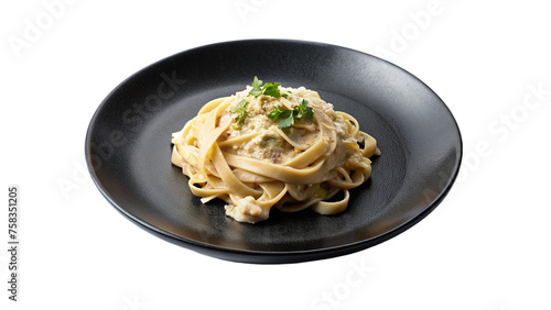 Creamy pasta in a black plate. isolated on transparent background.