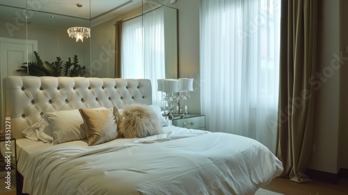 Stylish Minimalist Bedroom with Mirrored Nightstand and Sheer Elegance