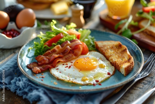 A breakfast plate with eggs  bacon  toast  and salad sits on a blue plate on a wooden table.