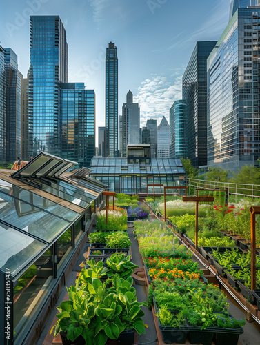 A Photo Of An Urban Rooftop Garden Equipped With Solar Panels And Greenhouses Showcasing Urban Farming And Renewable Energy Integration