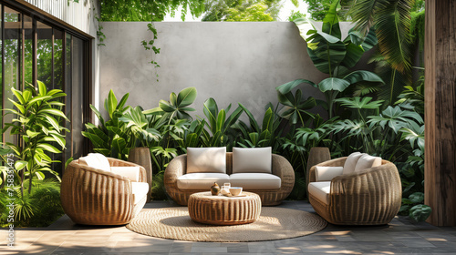 Outdoor living room chairs and couches with planter and a tropical wall, 3D illustration home decoration photo