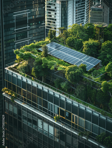 A Photo Of A Green Roof Covered In Solar Panels And Vegetation On Top Of A Modern Office Building Blending Urban Life With Nature