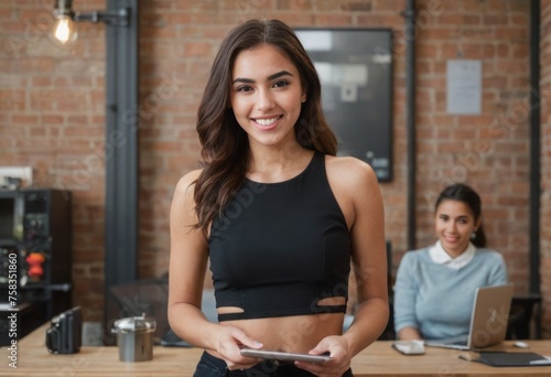 A woman in a black crop top with a tablet, standing in a bright office.