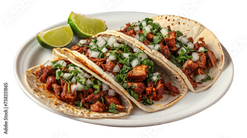 Al Pastor Tacos on a plate isolated on transparent png background. Generative ai 