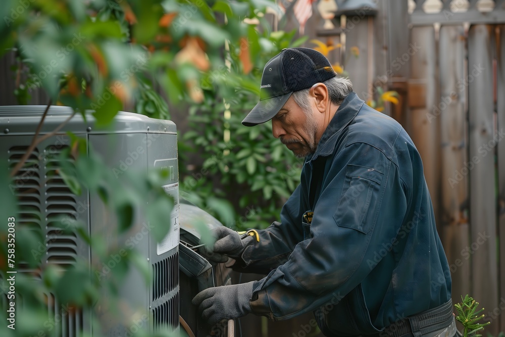 man repairing air conditioner in backyard
