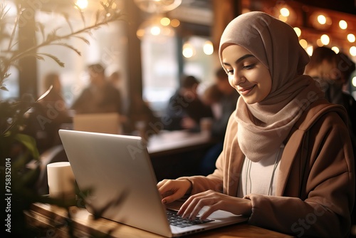 young muslim woman in head scarf using laptop in cafe with friends - generative ai