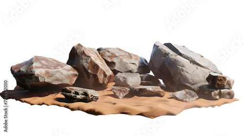 Grungy stone platform podium for cosmetics or products presentation on white beach sand and beige color background. Front view