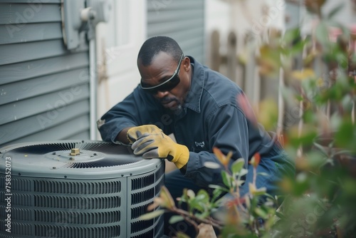 black man repairing air conditioner in backyard 