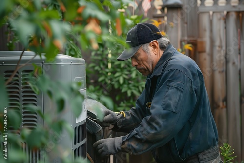 man repairing air conditioner in backyard 