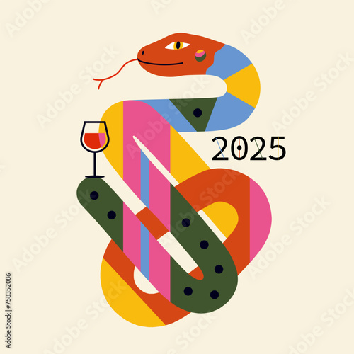Vector abstract illustration with snake and wine glass. 2025 new year celebration poster, greeting card template.