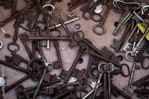 Bottom of drawer with old and rusty keys