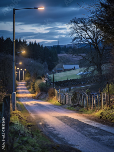 A Photo Of A High-Efficiency Solar-Powered LED Streetlight Illuminating A Rural Path Showing The Application Of Green Tech In Less Accessible Areas