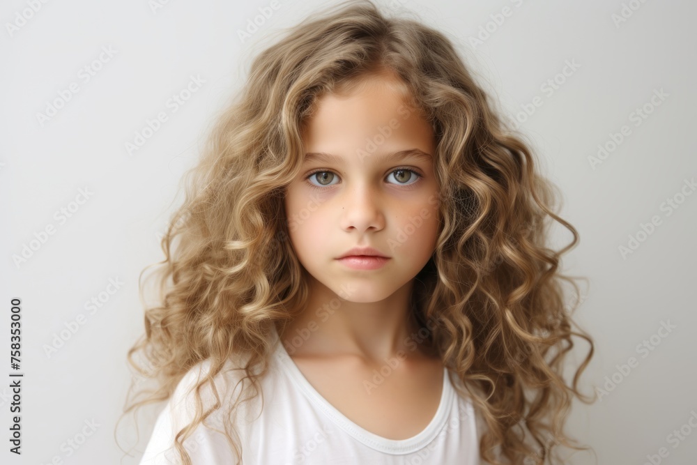 portrait of a beautiful little girl with curly hair on a gray background