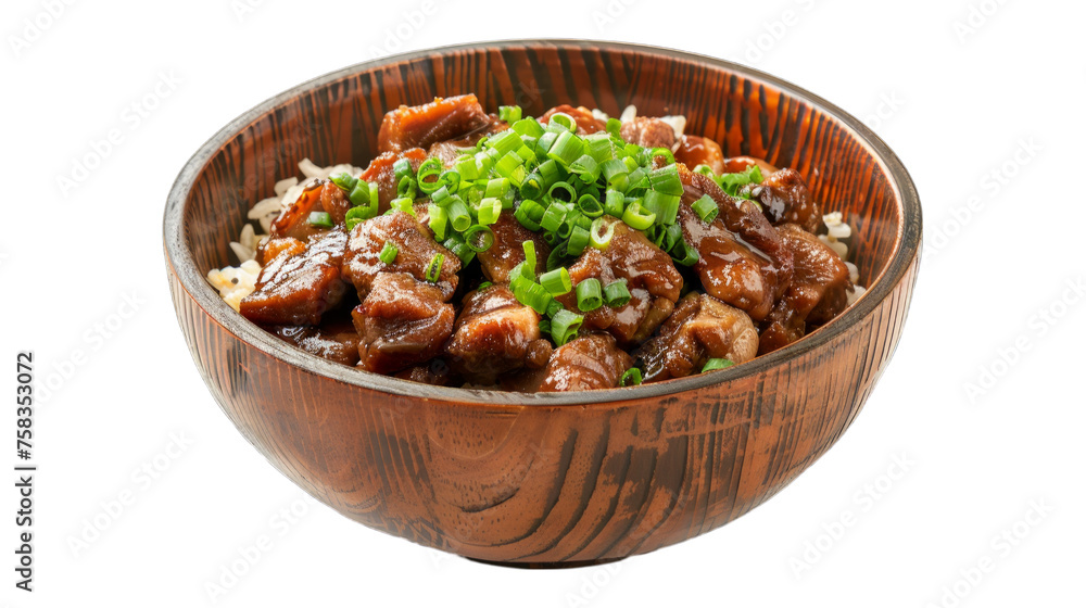BBQ Pork Rice Bowl isolated on transparent png background. Generative ai 