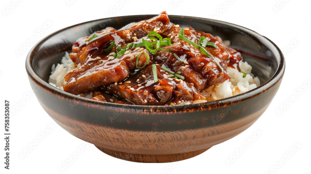 BBQ Pork Rice Bowl isolated on transparent png background. Generative ai BBQ Pork Rice Bowl isolated on transparent png background. Generative ai