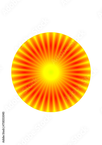 circular area with yellow and red rays and a bright yellow center, abstract modern design, sun, explosion, heat, glow, fire, celestial body, energy,