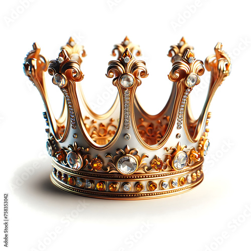 An image of an elegant crown, designed with intricate details and possibly adorned with jewels like diamonds and rubies, positioned centrally against a pure white background.
