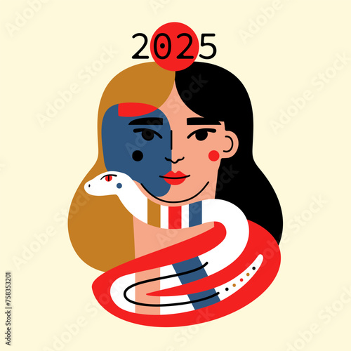 Vector abstract illustration with female head and white snake. 2025 new year celebration poster, greeting card template. © julymilks