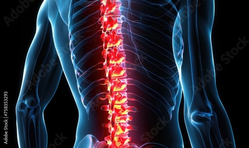 A back pain on the spine area. Medical illustration style photo