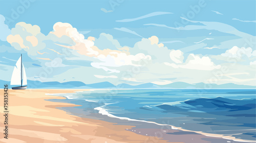 A calm beach scene with a sailboat on the horizon a