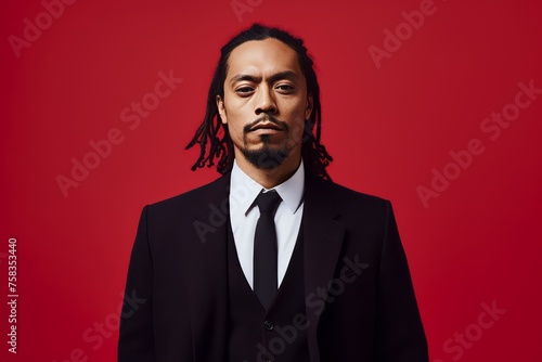 Portrait of a handsome African American man in a black suit on a red background