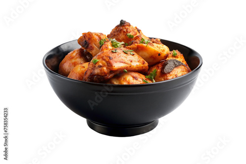 Roasted chicken in a black bowl isolated on a transparent background.