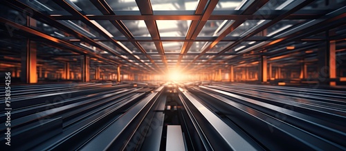 A symmetrical train track inside a building with sunlight shining through the wooden ceiling  showcasing the engineering feat of combining composite materials like steel and metal