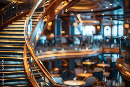 nside the luxurious cruise ship, a grand staircase cascades, surrounded by opulent décor, elegant lounges, and panoramic vistas, epitomizing sophistication.